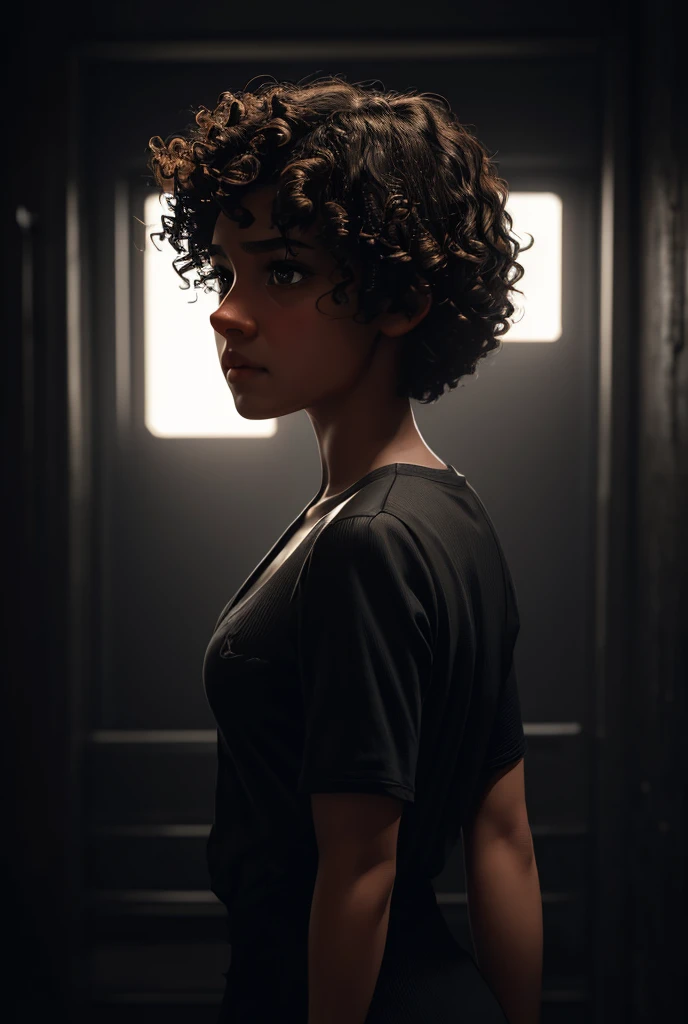 a young girl with short curly hair, anxious expression, full body, looking back, dark atmosphere, cinematic lighting, realistic, detailed face, beautiful eyes, sharp focus, 8k, hyper detailed, photorealistic, dramatic, moody, chiaroscuro lighting, cinematic composition