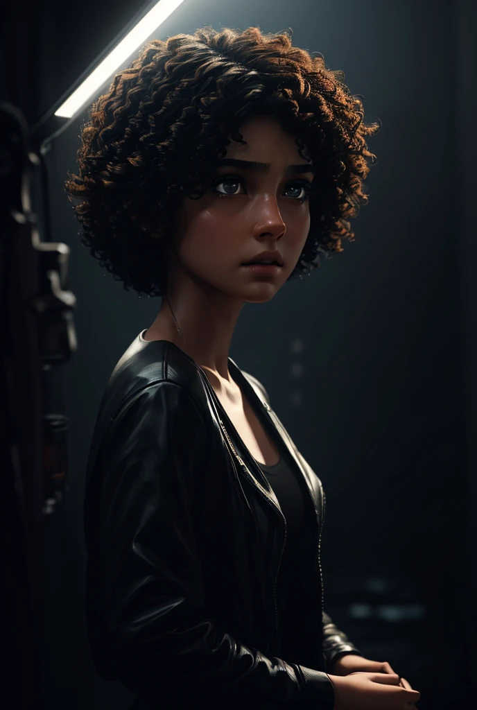 a young girl with short curly hair, anxious expression, full body, looking back, dark atmosphere, cinematic lighting, realistic, detailed face, beautiful eyes, sharp focus, 8k, hyper detailed, photorealistic, dramatic, moody, chiaroscuro lighting, cinematic composition