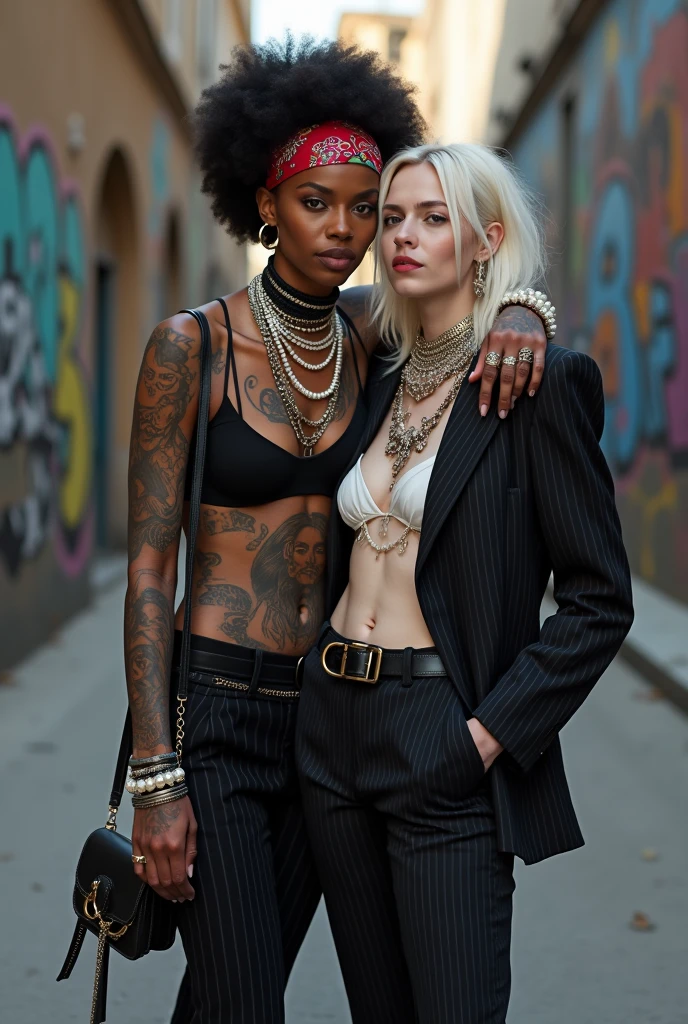 Two russian old milf women: the dominant aggressive dark skinned black woman in business pinstripe suit (jacket and trousers), black heeled shoeslong nails and afro hair, standing up with separated legs and possessive stance showing off her new white girlfriend to the camera (arm around her girlfriends' neck squishing her back tightly, and grabbing tightly the white woman arm with her other hand, like a predator on her prey). Next to her, her white rich drunk girlfriend looks at the camera  (white woman is very pale: pale face, pale neck, pale chest, pale arms, pale hands, pale stomach, pale leg), white woman stretches her neck is feeling overwhelmed by her girlfriend. white woman leans on her girlfriend heavily, feeling needy.  white woman is being seduced. White woman stands up with separated legs, White woman"s body is twisted and unstable, the hands of white woman are on her belt. White woman dresses in  rock chic style: low rise skinny leggings, platinum blonde hair (straight hair with middle part, wide colourful bandana as headband) and oversized square sunglasses as headband. Big lips with no makeup. White woman wears Black studded leather push up bra and has big breasts. Barefoot.. Lots of thick wide studded bracelets in the wrists of the white woman, big pearl necklaces around the neck of the white woman, and big rings, Pearl earrings. Wide loose studded belt with big solid buckle. Loose chains and studded belts around the hips of the white woman. White woman is lazy, leaning on her girlfriend.. The white woman is densely tattooed on neck, tattoed chest, tattoed arms, tattoed stomach, tattoed legs, wrists and feet. White woman has well Toned abdominals, thin neck, slim legs and thin arms. White woman has Narrow hips and noticeable tigh gap. The body of the white woman is twisted in a lazy posture. Full body. On a narrow street with graffitied walls 