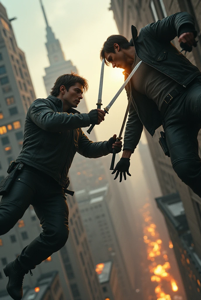 Leon S. Kennedy fighting Krauser with knives as they fall from a tower (from the game resident evil 4 remake)