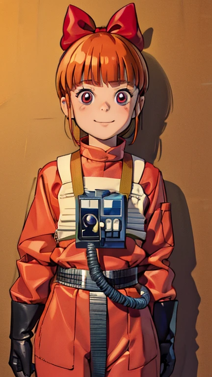 (1girl, solo, highly insanely detailed, masterpiece, top quality, best quality, highres, 4k, 8k, RAW photo),((innocent look)),((Childish)),From the front, symmetrical composition,smile,cute,Innocent,Kind eyes,Flat chest, (ghibli style), cockpit view, (ppgzbb), (orange hair, blunt bangs, pink eyes, hair bow, red bow), rebel pilot suit,