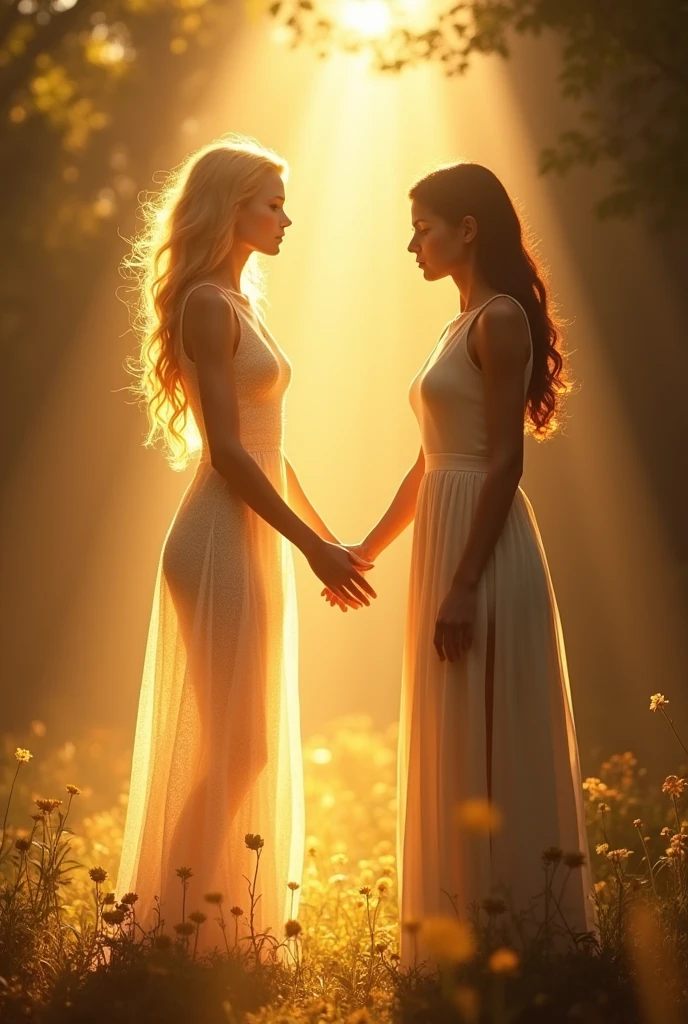 A white shiny woman without face comes from sunshine to another woman who looks disappointed, because theyre depart