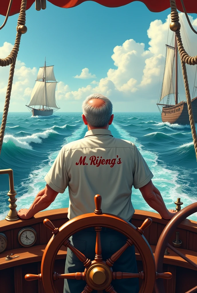 Please make me a picture of a CAPTAIN who is driving or steering a ship with a shirt that says Mr. RIJENG's on the back of his shirt.
