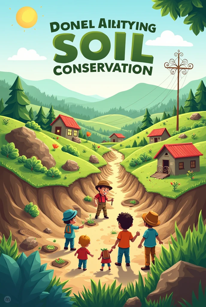 Create a primer in image form on the subject of soil conservation with all the necessary information for elementary education and its learning
