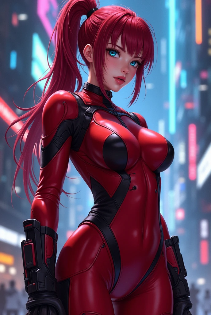A thicc anime girl with dark red hair in a ponytail, dark blue eyes, and large breasts wearing a skintight red and dark red pilot suit, extremely detailed face and body, beautiful detailed eyes, beautiful detailed lips, longeyelashes, 1girl, hyperrealistic, 8k, HDR, masterpiece, highly detailed, cinematic lighting, dramatic lighting, volumetric lighting, dramatic pose, dynamic action, sci-fi, mecha, futuristic, neon, cyberpunk, vivid colors, rich colors.