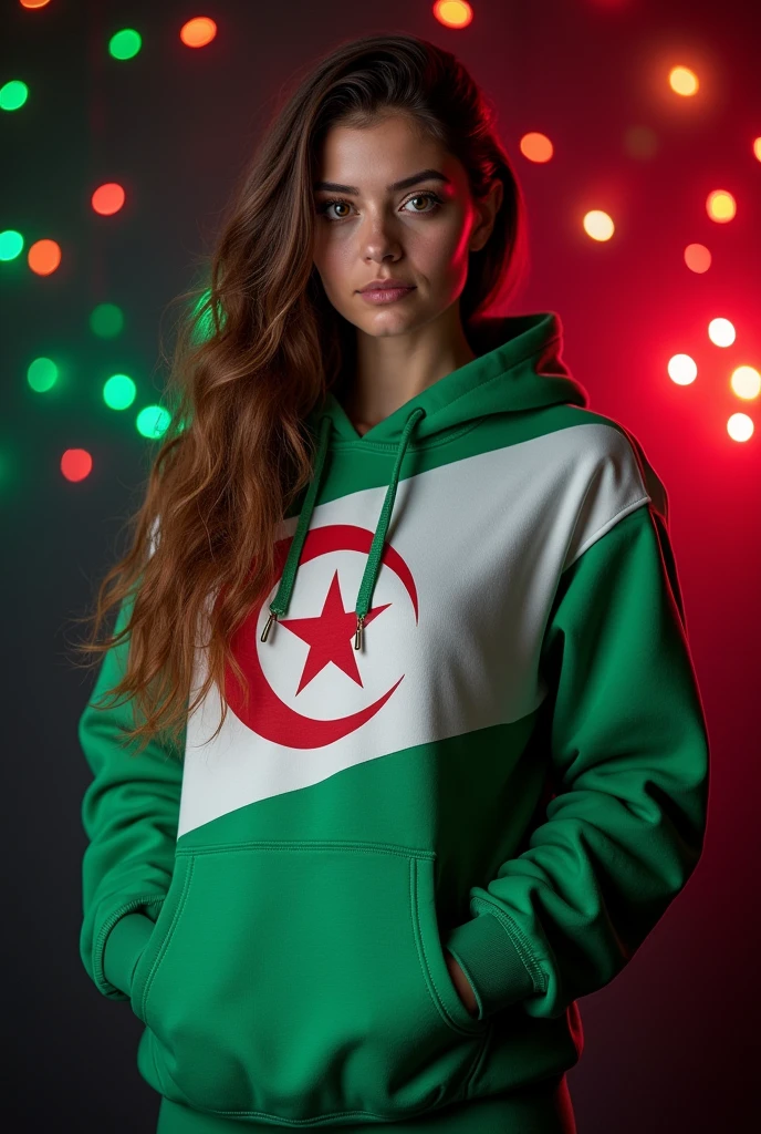 Fat woman wearing a white and green hoodie with the Algerian flag. She has long brown hair and is looking directly into the camera.. She puts her hands in the pockets of her hoodie, black background decorated with colored lights.