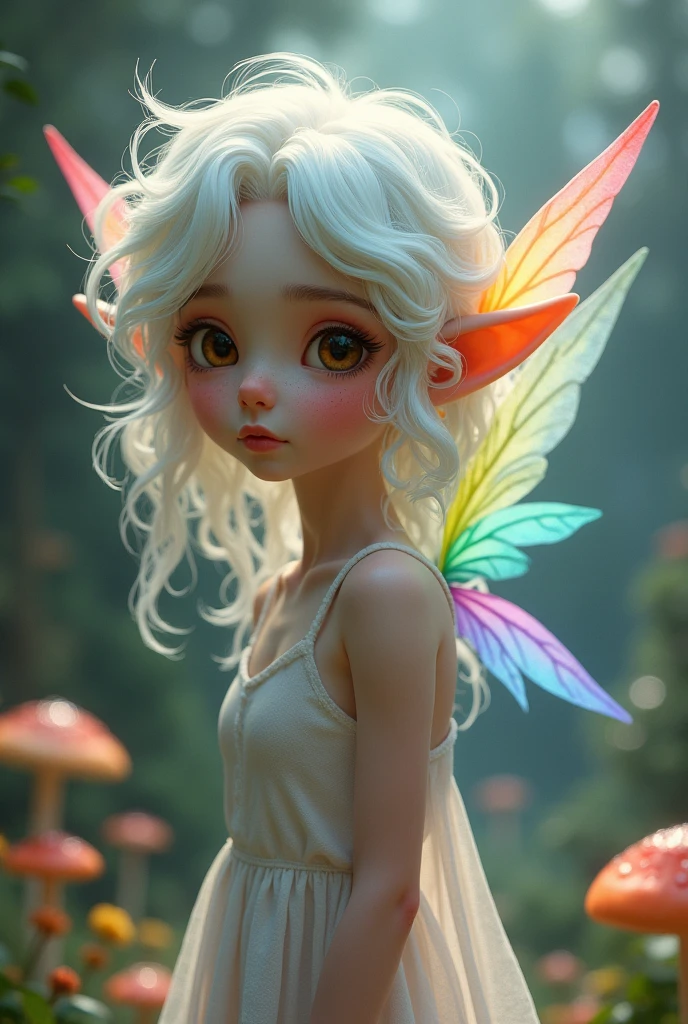 Create me a slender fairy with big freckles, white hair with wavy, colored tips and rainbow-colored wings