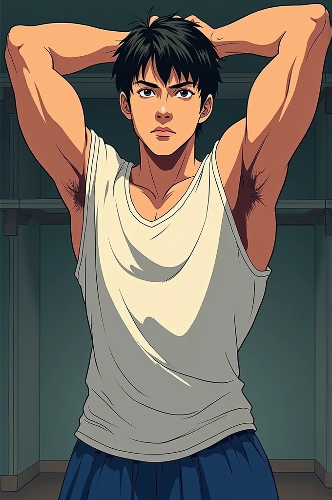 Korean boy boxer, anime styling, putting on the shirt
