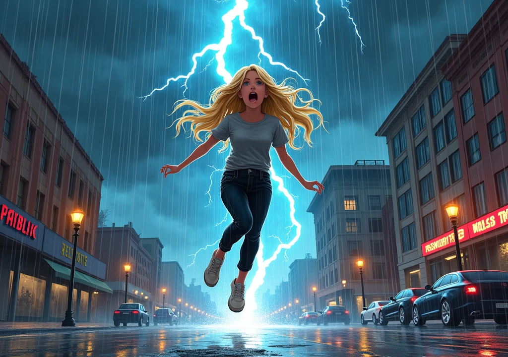 A blonde teenager in a gray blouse and black pants running away from a lightning bolt that strikes next to her, She's amazed, scared and jumping, the sky is in a rainy weather full of lightning, I want the scene to be dramatic and have warm colors in the environment, She&#39;s on a street, comic book style.