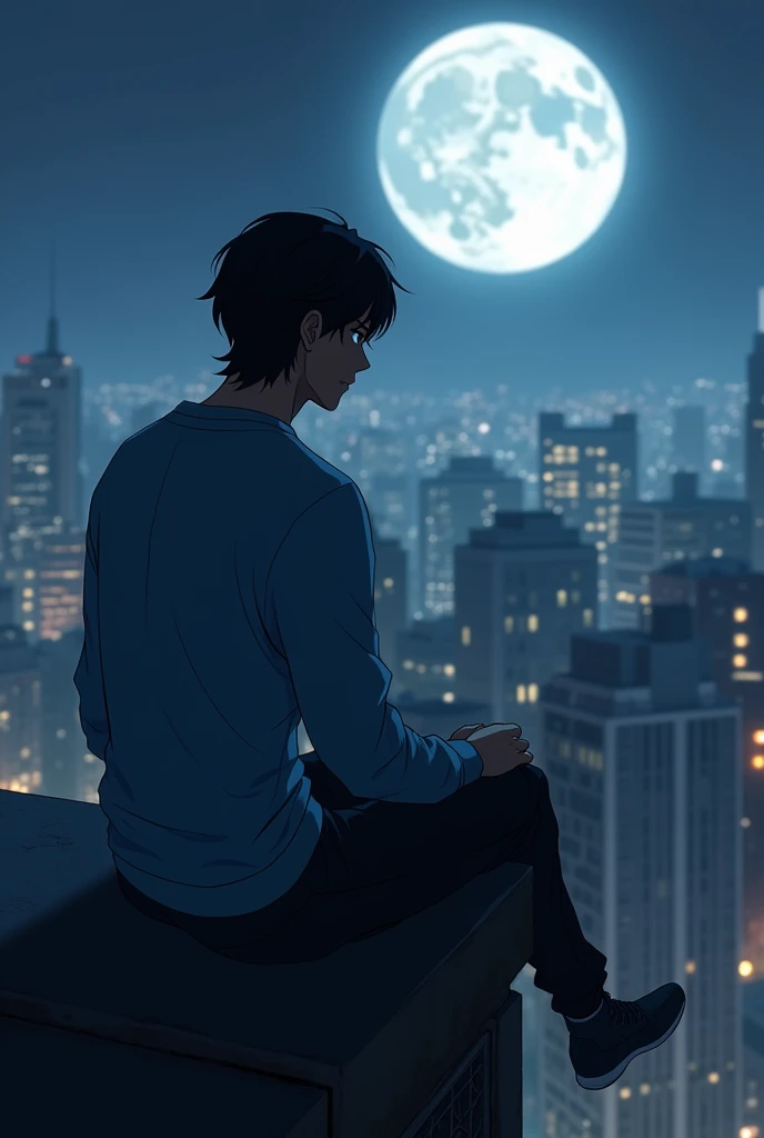Anime of a dark-skinned Brazilian man with straight hair wearing a blue sweatshirt sitting on top of a building in the moonlight