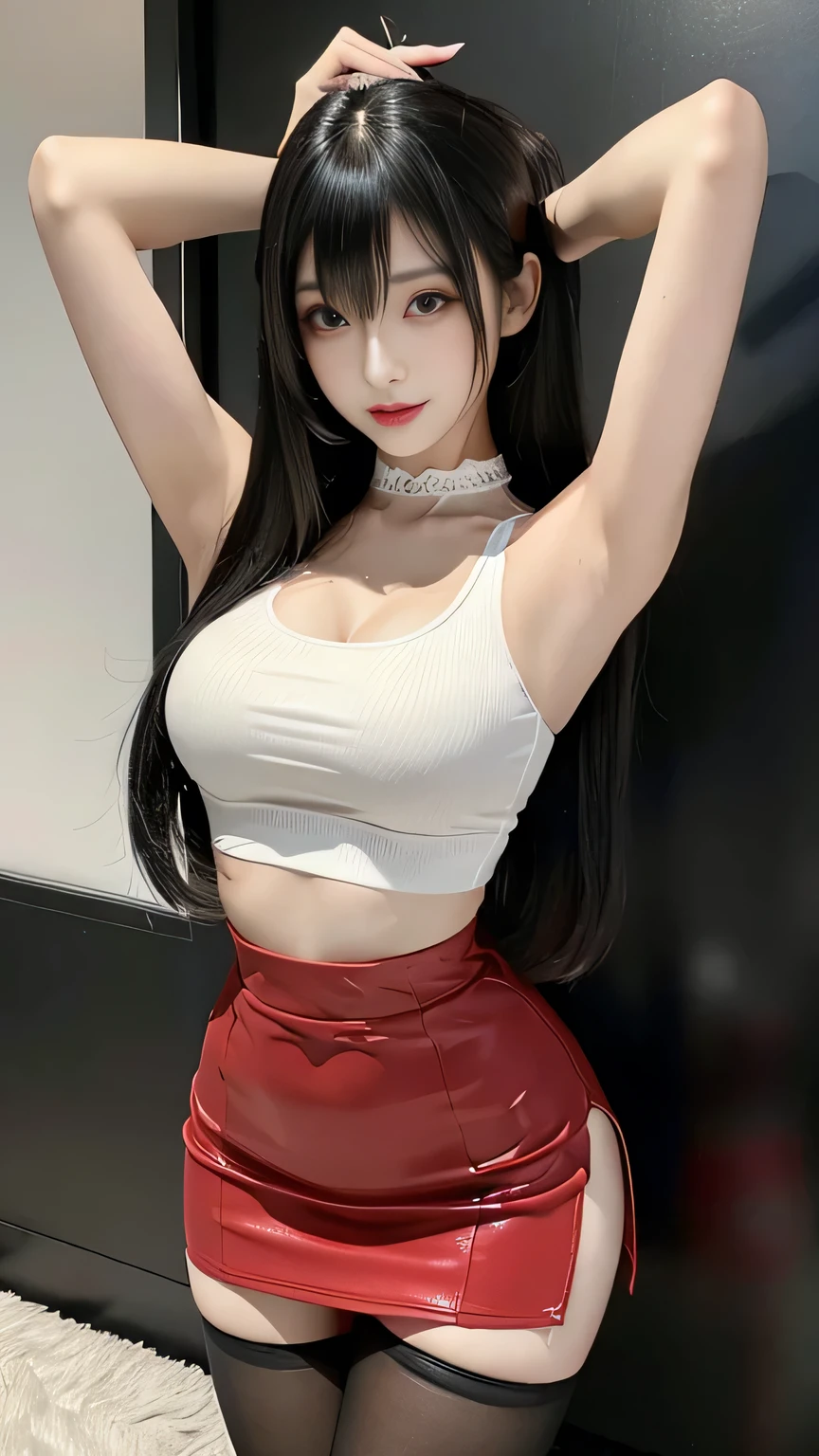 Ultra-detailed、Japanese、attractive beauty、seductive young skinny woman、pretty thin woman、piercing eyes、cool girl、long black hair, swept bangs、white croptop, red high waisted skirt, black pantyhose, sexy vampire, fangs, glowing red eyes, Evil cadres、evil depravity、brainwash、mind control、apply lipstick、smirk、Evil expression、evil、empty eyes、evil、contrapposto、Hypnosis、brainwashing、makeup brush, large breasts, taut clothing, cute posture, back arching sexy, O mouth, skinny thin hourglass shape, evil mistress smirk, seductive pose, Japanese mistress, hair highlights, evil, impossible skinny hourglass figure, beautiful Japanese idol goddess, red long high-waist skirt, pantyhose, full body shot