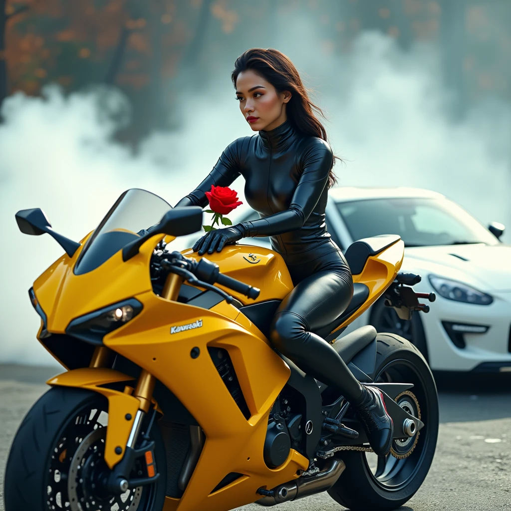 a beautiful women sitting on newest yellow kawasaki with futuristic black suit holding a red rose and having a background where white Mazda rx7 drifting