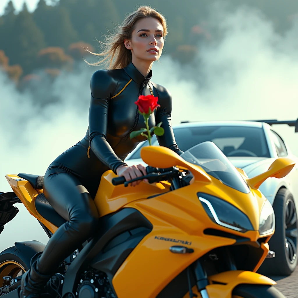 a beautiful women sitting on newest yellow kawasaki with futuristic black suit holding a red rose and having a background where white Mazda rx7 drifting