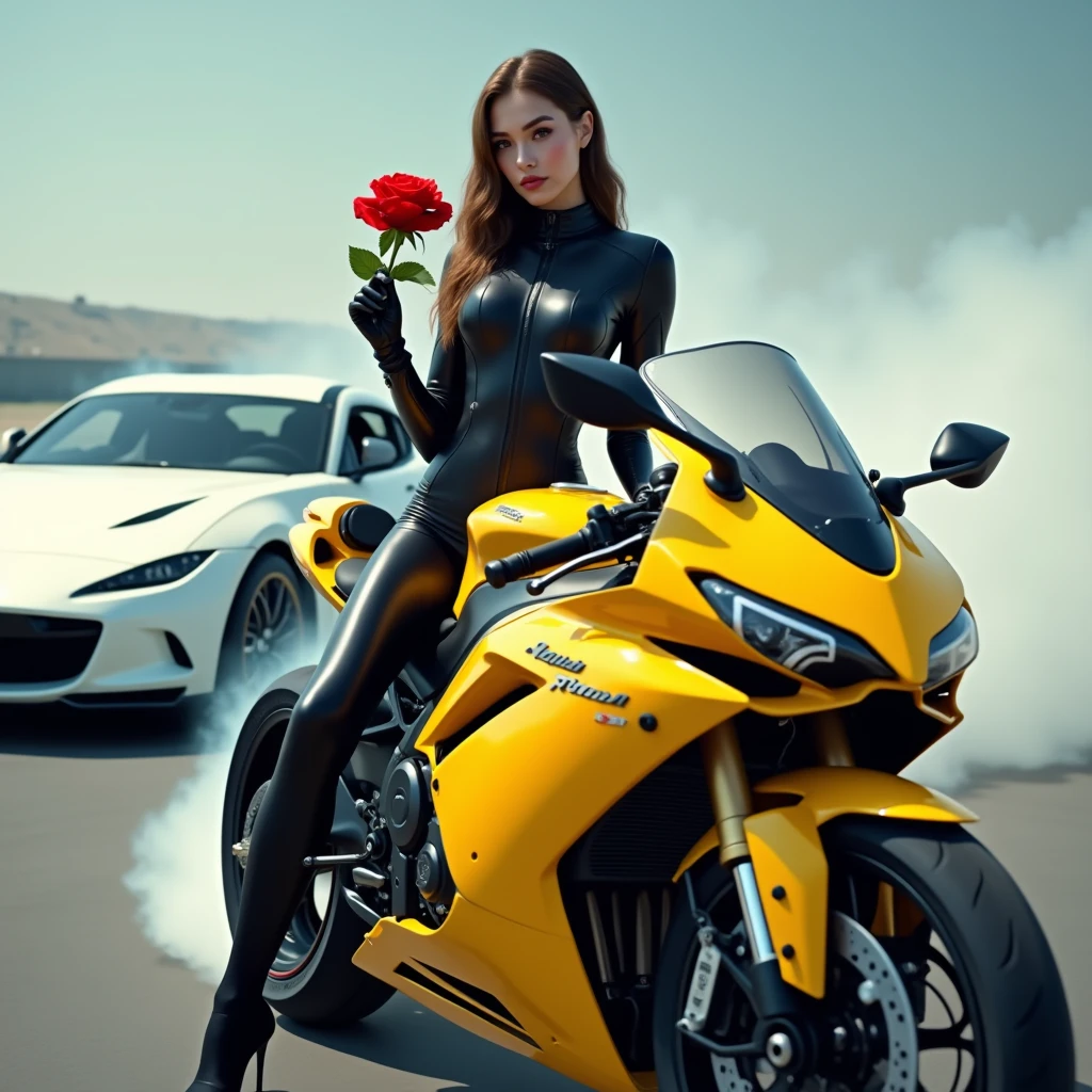 a beautiful women sitting on newest yellow kawasaki with futuristic black suit holding a red rose and having a background where white Mazda rx7 drifting