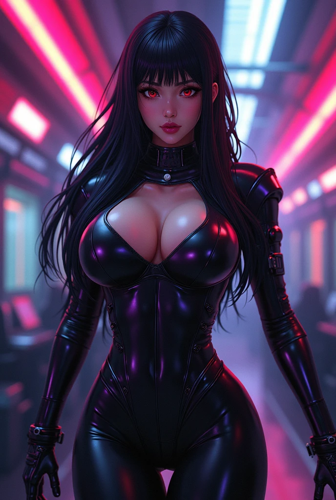 A thicc anime MILF with long black straight hair, dark red eyes, and large breasts wearing a skintight black and dark purple pilot suit, extremely detailed face and body, beautiful detailed eyes, beautiful detailed lips, longeyelashes, 1girl, hyperrealistic, 8k, HDR, masterpiece, highly detailed, cinematic lighting, dramatic lighting, volumetric lighting, dramatic pose, dynamic action, sci-fi, mecha, futuristic, neon, cyberpunk, vivid colors, rich colors.