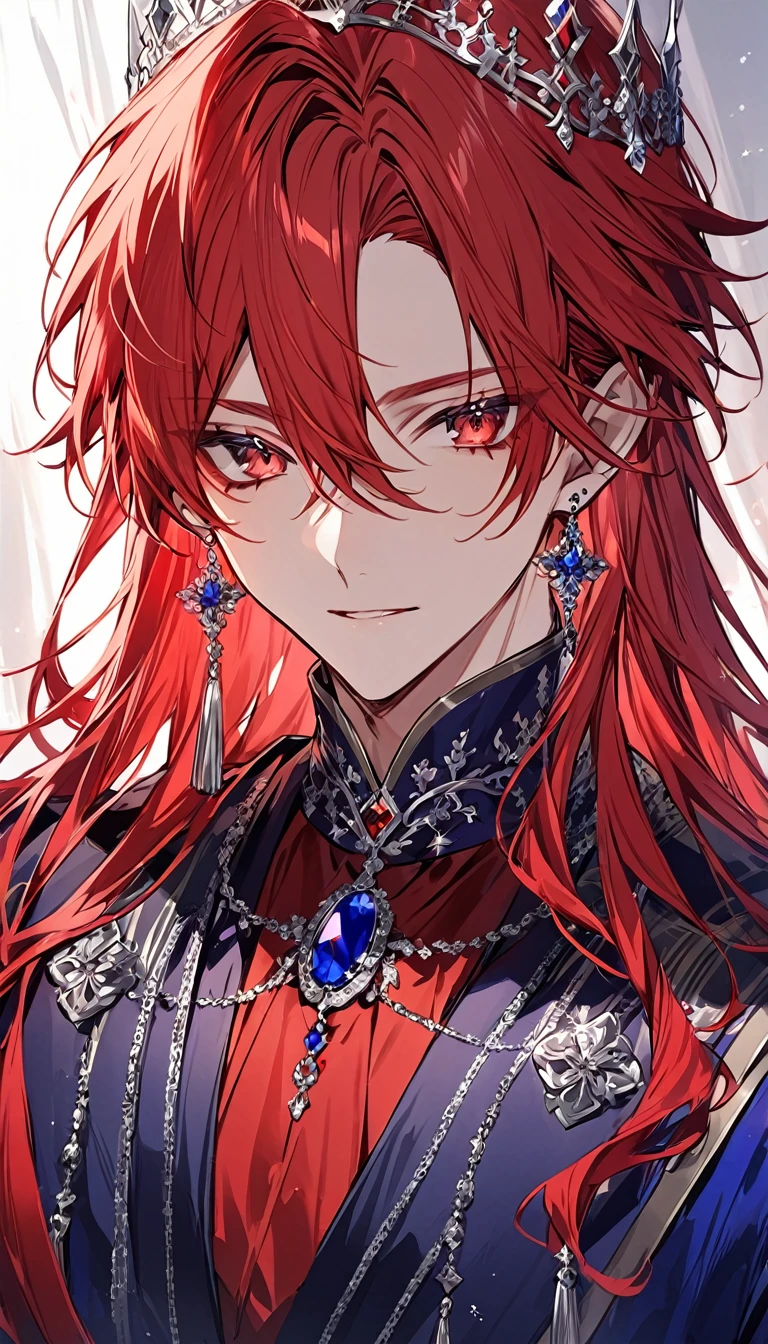 alone, good looking, 1 male, Long hair, red hair, red eyes, noble clothes, dark blue Royal Silver Jewellery, Royal Earrings, Front Facing, Vtuber Front Facing Camera