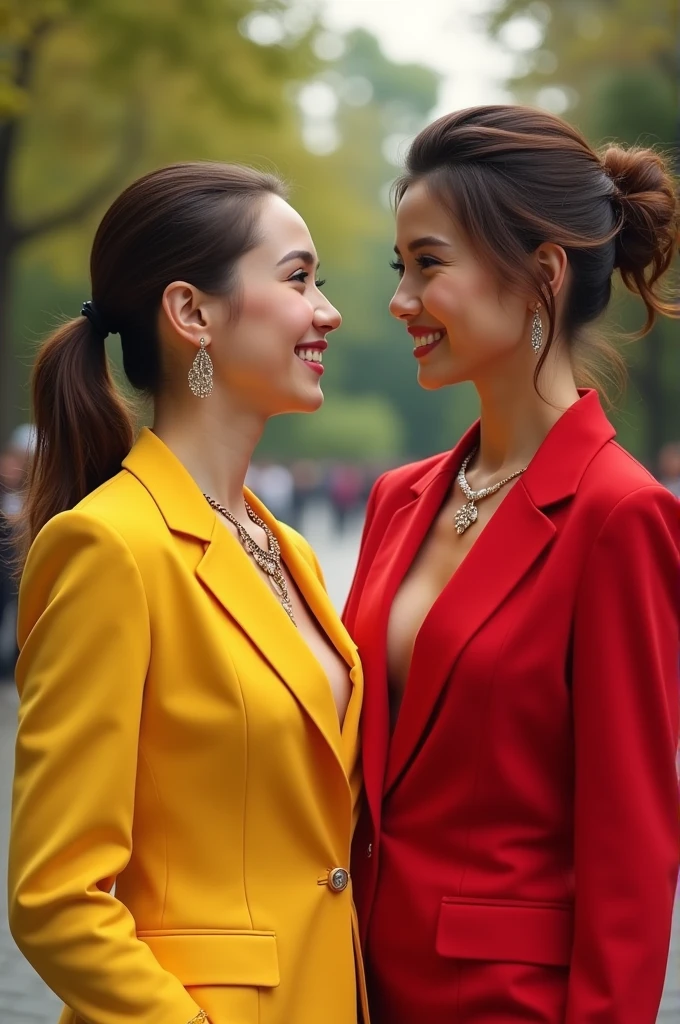 Tattoo chhoti jisne yellow color ka suit pahna hua aur dusri ho jisne red color ka suit pahno aur jewellery bhi pahani ho aur ek dusre se mil rahi ho