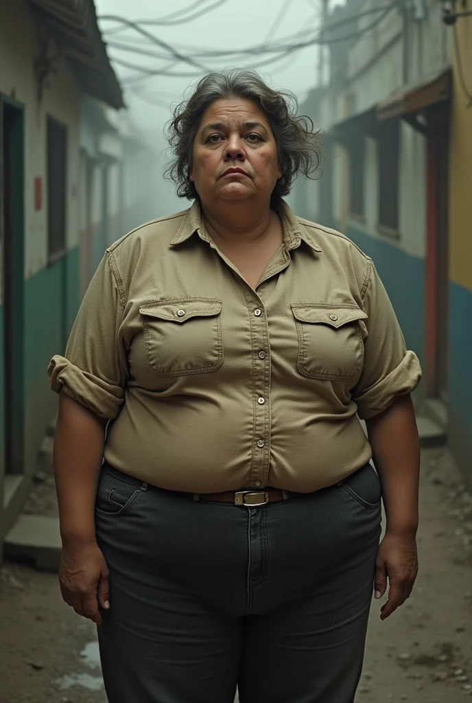 A small, fat woman wearing a torn shirt