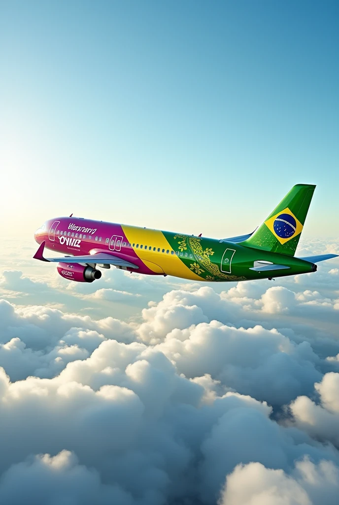 A321neo aircraft named VIVA BRASIL, be green and yellow and WIZZ Air plane style, side image