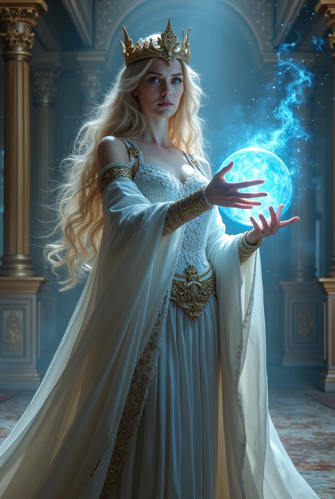 (Nordic Goddess, Wearing the Crown, Magic crystal ball in hand, Casting a Spell, Highest quality, 4K resolution, Perfect Face, In a luxurious palace, Hyperrealistic art)