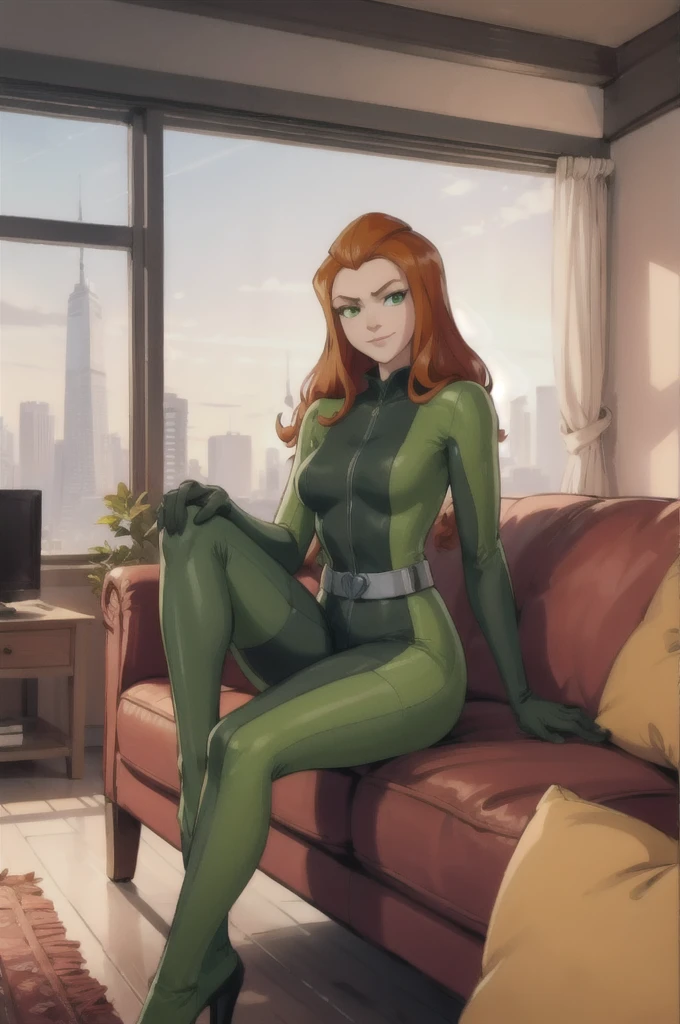 sam, totally spies, long orange hair, green eyes, green bodysuit, belt, gloves, looking at viewer, serious, smirk, sitting, on sofa, legs crossed, nside cozy living room, curtains, lamp, high quality, masterpiece 