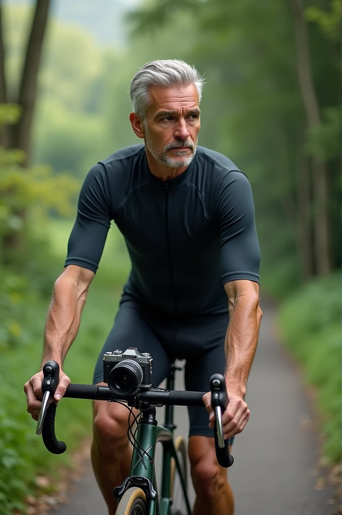 40-year-old man who likes cycling, taking pictures of nature and gray hair