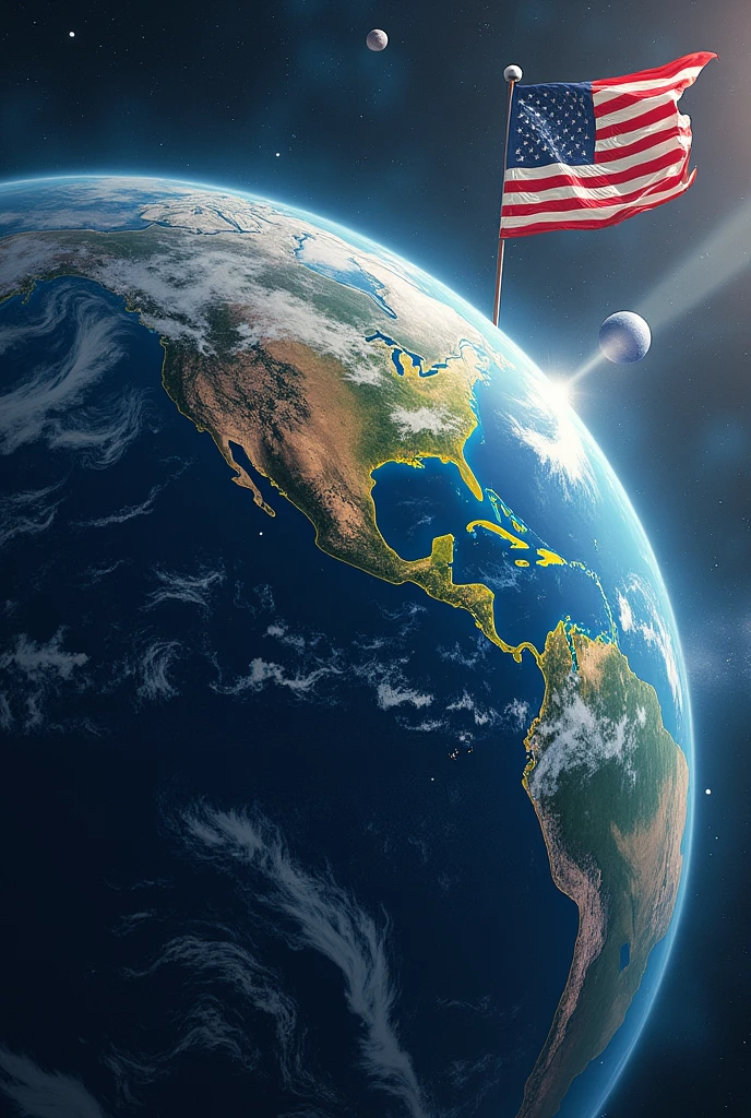 a planet earth and, about him, a US flag, Sputnik and some academics 
