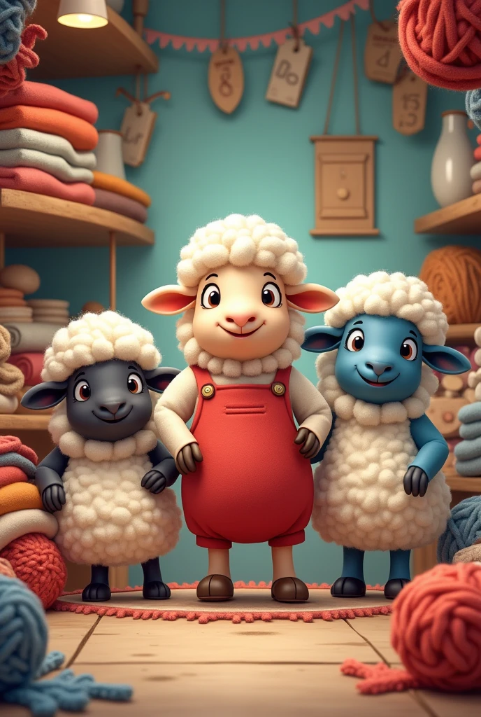 A cartoon black sheep and a cartoon red sheep and a cartoon blue sheep shopkeeps standing on their woolen products shop happily and with confident in the same shop