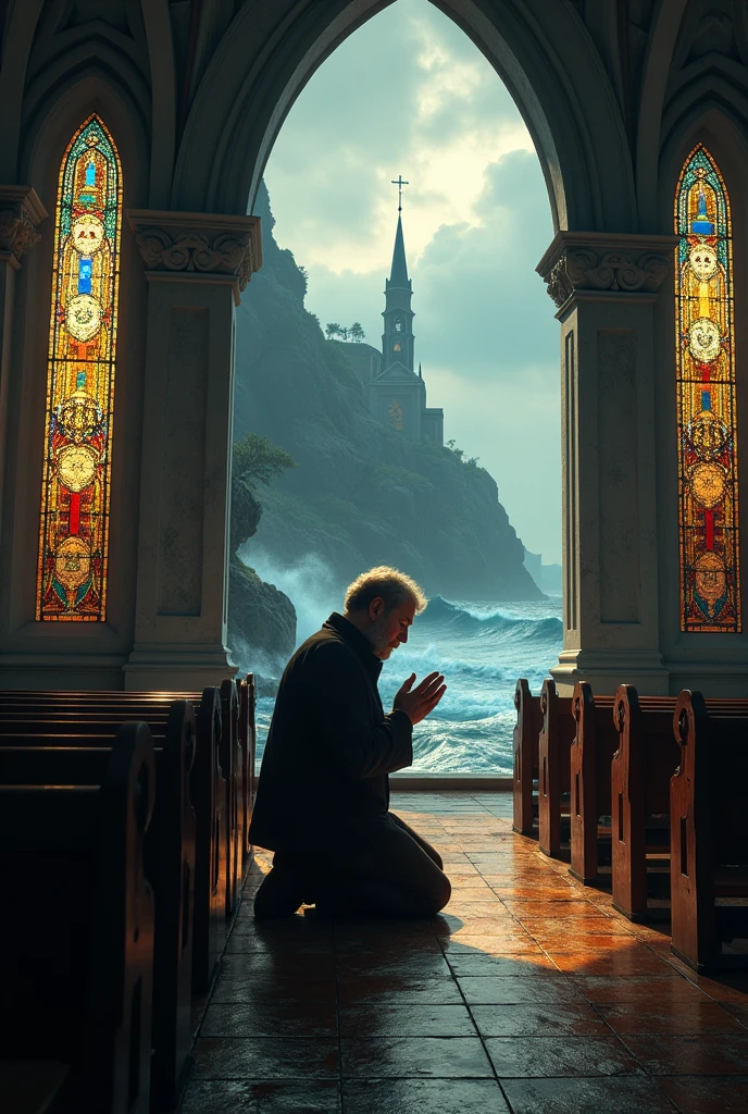 A man praying in the church on the coast