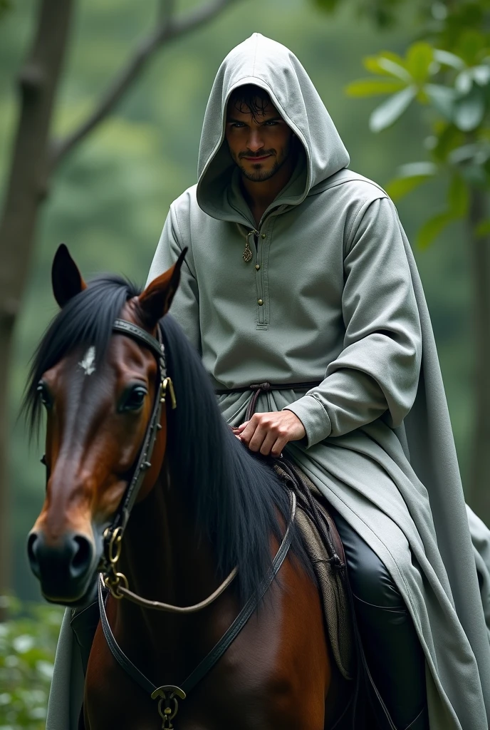  A man sitting on a horse draped in a silver cloak... such that only his lips are visible that have formed into a knowing smirk. He has a shirt as he looks at me from where he's sitting on the horse in the forest 