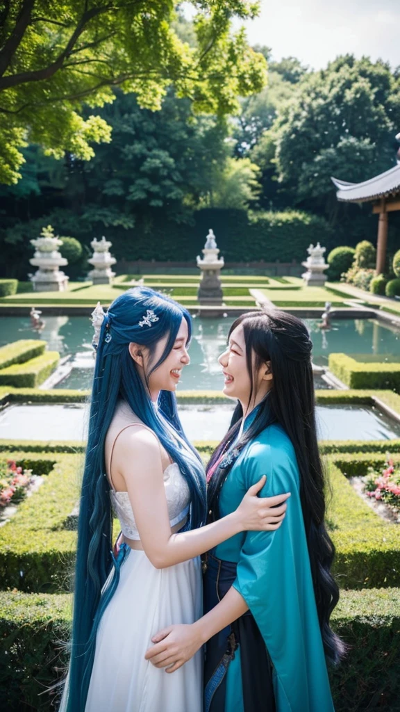 A long-haired blue-haired female warrior and a small dragon、The two of them facing each other and laughing、The background is the garden inside the venue.