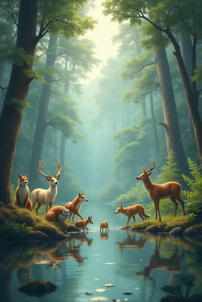 ANIMALS IN THE FOREST GATHERED BY THE LAKE
