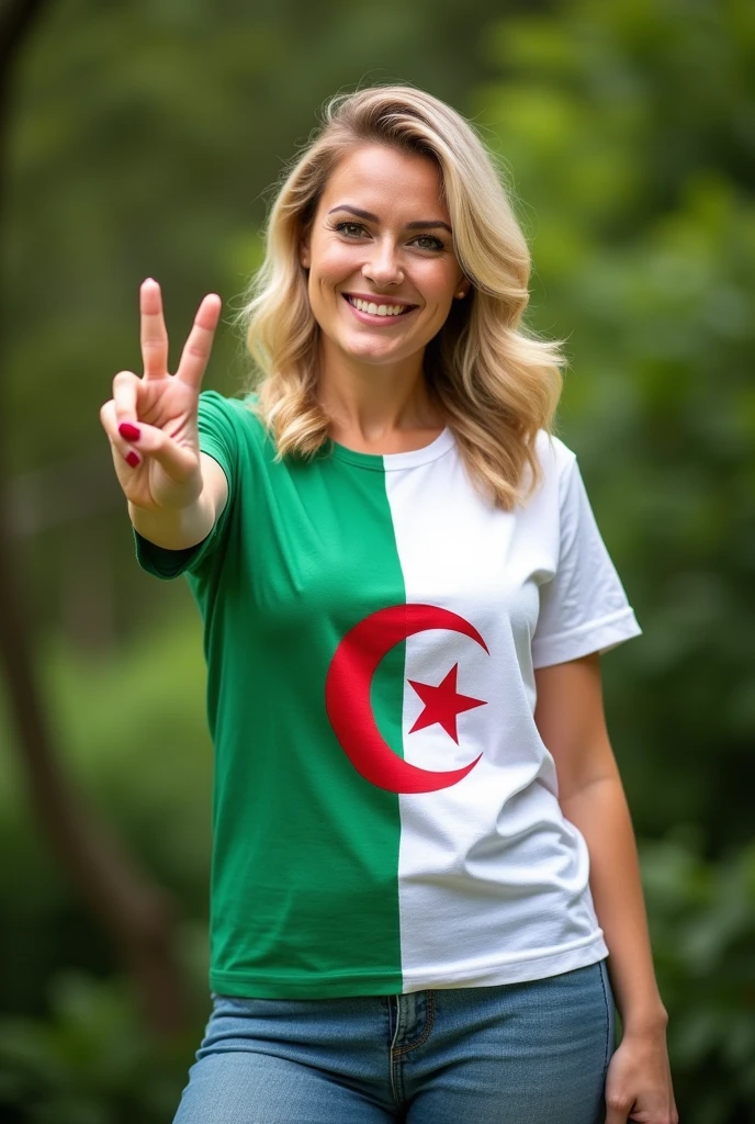 Fat blonde woman, wearing a white and green summer T-shirt, with the Algerian flag on it. And she gives the sign of peace with her right hand.. and smile. Green nature background. Realistic picture, she is proud of her country.