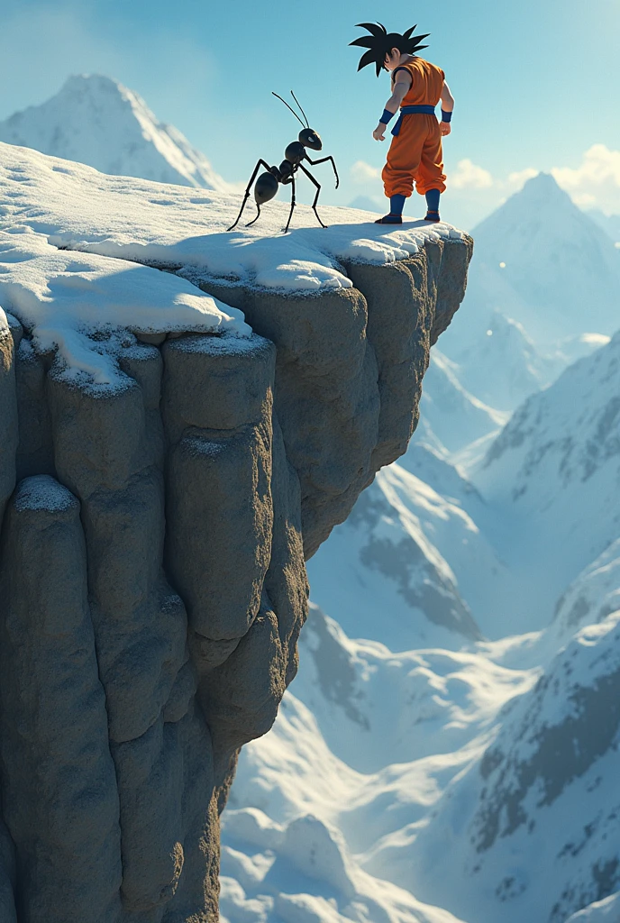 An ant pushes Goku off a mountain and Goku dies.