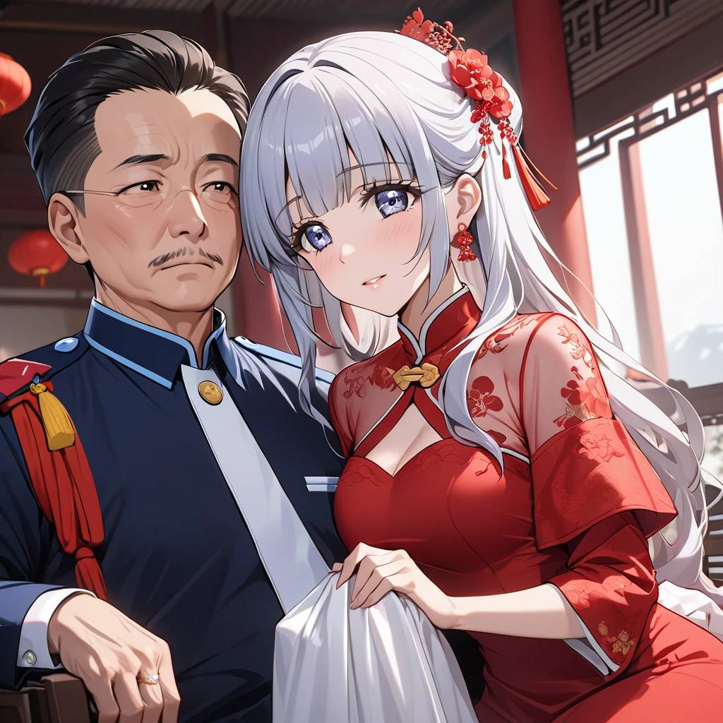 ((Highest quality)), ((masterpiece)), (detailed), （Perfect Face）、The woman is Aoki Reika, with medium-long hair, wearing a red Chinese wedding dress and an engagement ring.、The woman marries a middle-aged man who is a member of the Chinese Communist Party, becomes his wife, and becomes Chinese.