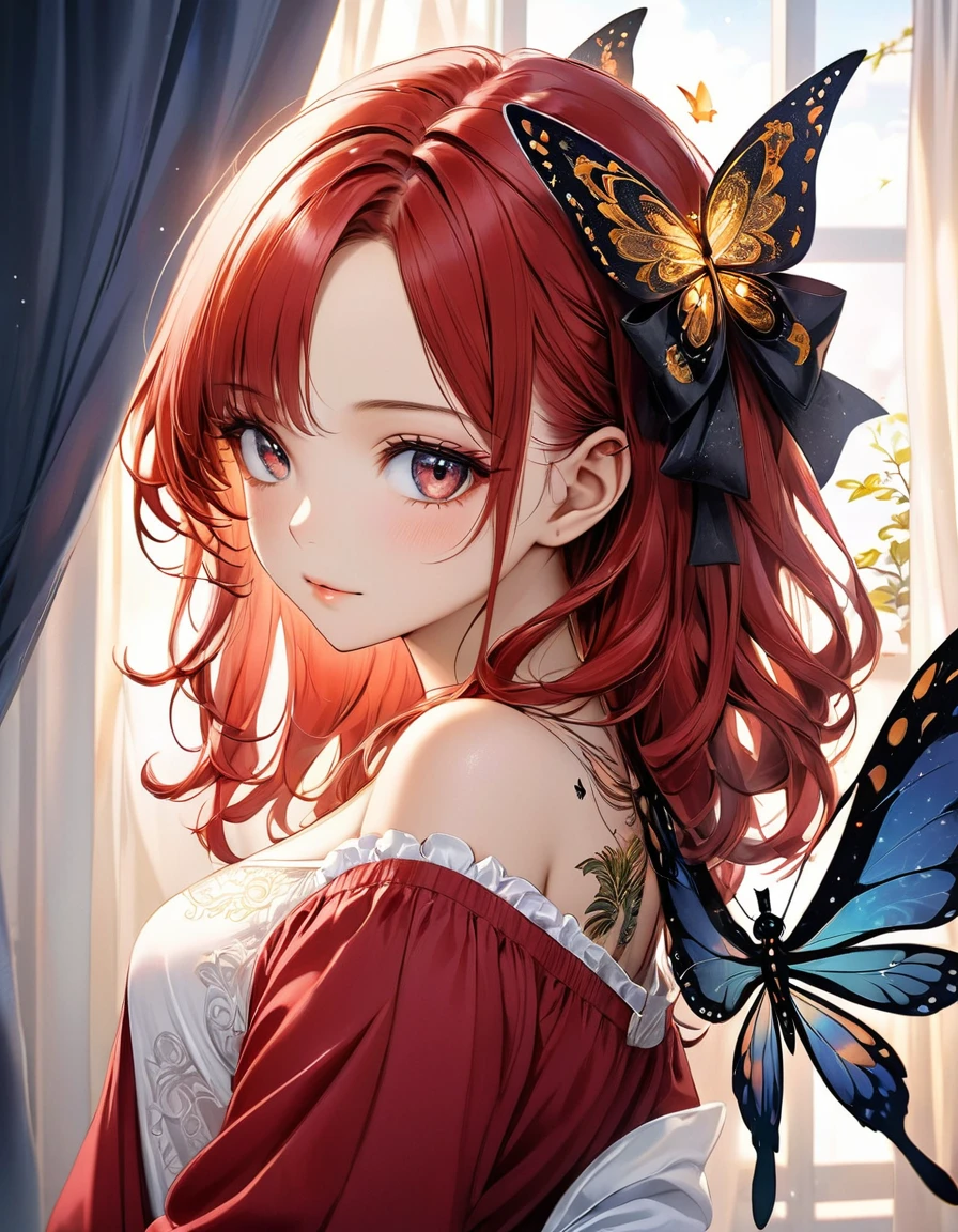 A close-up realistic and artistic portrait painting of a fairy she has a long vibrant sky gold + red wavy hair styled in loose curls with bangs framing her forehead, ((sexy rasgada roupas decote sensual)) adorned with a black floral bow, serene and contemplative expression, next to her right eye there is a small detailed butterfly wing tattoo, featuring intricate gold and gold patterns with sparkling accents and fine lines resembling veins, The tattoo caveira, consists of delicate black lines forming the wings, with small white dots representing scales. Small white decorative elements resembling flowers, arrows, or tiny branches extend from the wings, creating a sense of depth, wearing a red dress with off-the-shoulder sleeves featuring white lace trim and ruffles with intricate designs, A ribbon is tied into a bow at the center front of t shirt black sensual which has a deep V-neckline., Her expression is calm and gentle The scene is set in an elegant room with walls and a matching curtain featuring subtle cat design, The lighting is soft and even, highlighting the subject's facial ,The overall composition is centered and balanced, creating a whimsical, enchanting, and inviting mood, 8k, photorealistic, trending on ArtStation .by Galr Dfh