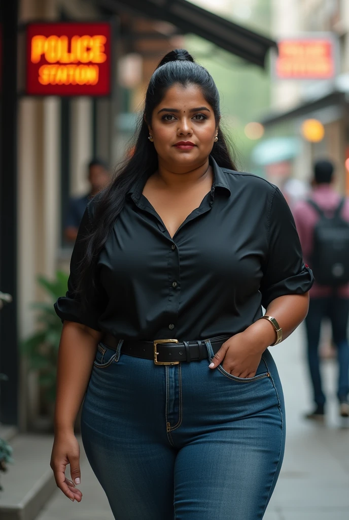 A confident and mysterious 4 Indian aunty, her voluptuous hourglass figure accentuated by a casually elegant ensemble. She dons a form-fitting black shirt that stretches tautly across her ample chest, the fabric hinting at the monster curves beneath as it clings to her thick, well-proportioned midsection. Her tight jeans hug her shapely hips and thighs, emphasizing her strong, curvy frame. A sleek ponytail swings in rhythm with her purposeful stride, revealing her tall and commanding presence. As she approaches the bustling police station, her demeanor suggests a blend of casualness and authority. Despite her attire, she exudes a professional aura, her eyes sharp and observant, hinting at the astute detective within her. The shirt, stretching slightly, allows a peek at her generous bosom, while her tight jeans showcase the curve of her substantial derriere. Her stride is firm and determined, and her attire seems almost a second skin, highlighting her confidence and comfort in her own body. The scene is a unique blend of modern fashion and classic detective allure, with a dash of the unexpected in the form of a plus-size heroine taking charge. She's not just walking; she's making a statement, one step at a time.
