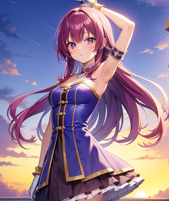 anime girl with long purple hair and pink gloves, anime マンガ ロボット!! anime Girl, Marin Kitagawa fan art, (anime Girl), anime Moe Art Style, anime Style, anime Best Girl, anime !!!!!!!!!!!!!!!, Zero-chan Art, anime Girl, Cute anime Manga Style, anime Art Style, Cute anime Girl [Guess Child], Yokoyari Mengo, Idol singer, blue sky, sunset