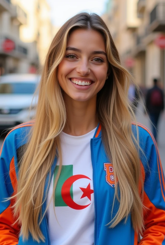 Young woman with long flowing blonde hair smiling at camera. She is wearing a blue and orange Adidas jacket over a white shirt with the Algerian flag on it.. The background is out of focus, but it appears to be a city street..