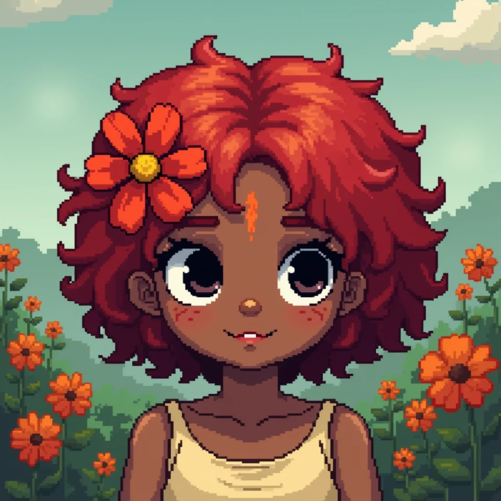 Pixel art of a dark-skinned girl with red hair and a red flower with a yellow center on her forehead with a black eye and in the style of Stardew Valley without realism and with very few pixels