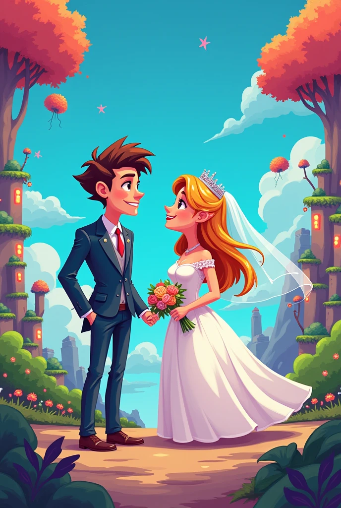 Bride and groom at a video game style wedding cartoon. Groom with hair down 