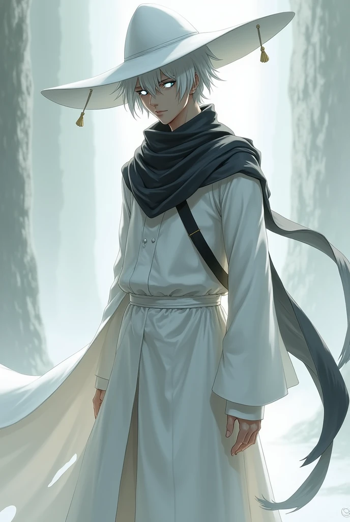 Man white hair white clothes long hat tilted forward black and gray scarf white clothes white pants white eyes young