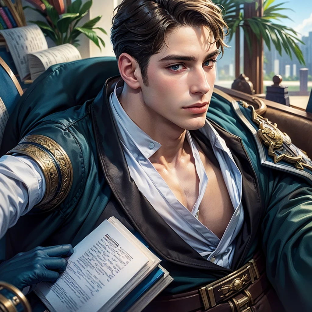 ((best qualityer)), ((work of art)), (detailded), ((face perfect)), handsome young man artist, ((close up of face with book in hand))
