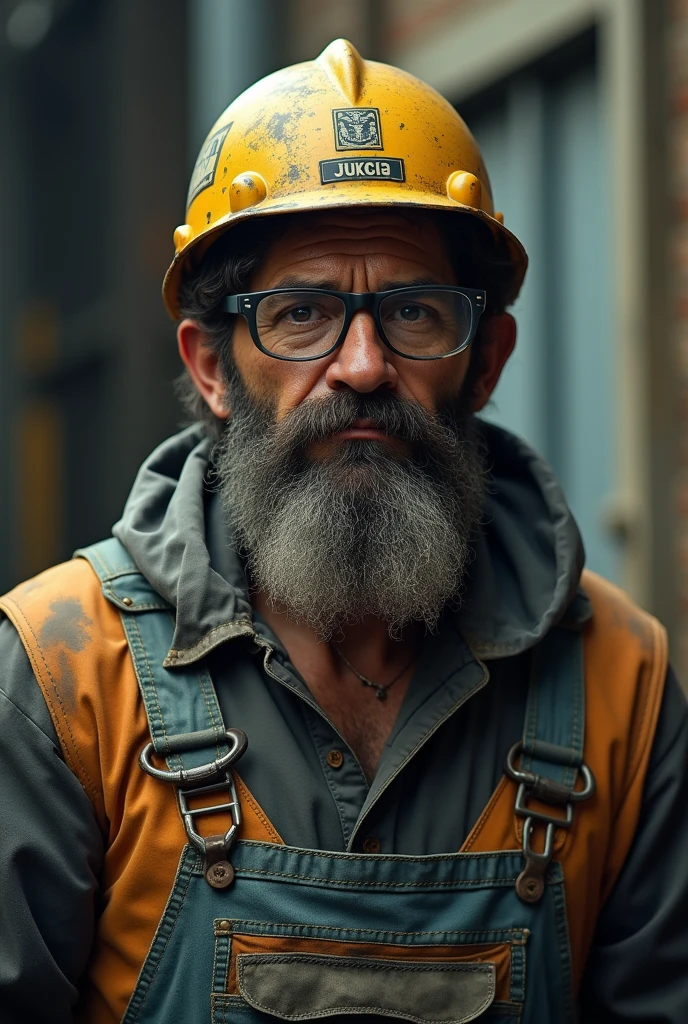 Chilean flaite working with helmet, overalls, glasses and beard