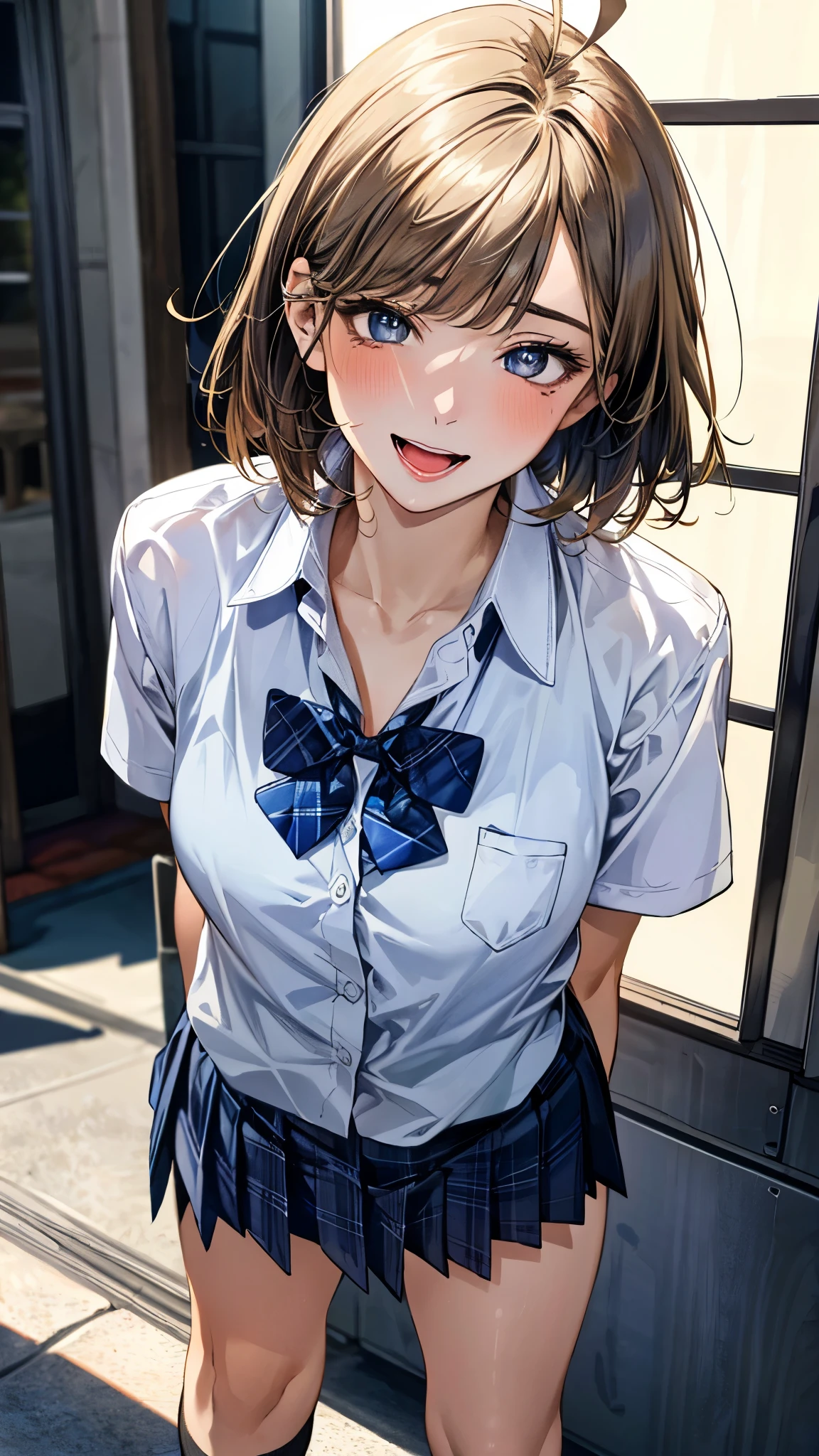 (masterpiece:1.3, top-quality, ultra high res, ultra detailed), (realistic, photorealistic:1.4), beautiful illustration, perfect lighting, natural lighting, colorful, depth of fields, surrealism,
beautiful detailed hair, beautiful detailed face, beautiful detailed eyes, beautiful clavicle, beautiful body, beautiful chest, beautiful thigh, beautiful legs, beautiful fingers, shiny skin, babyface,
looking at viewer, selfie, 1 girl, high school girl, (perfect anatomy, anatomically correct, super detailed skin), cute and symmetrical face, perfect face, perfect eyes,
(short hair, lob hair, blonde hair), asymmetrical bangs, ahoge, blue-green eyes, big eyes, long eyelashes, (large breasts:1.2, seductive thighs), slender, outstanding style,
((detailed cloth texture, break,break, white collared shirt, break,break, navy blue suit vest, break,break, blue plaid pleated skirt, break,break, purple blue bow tie), socks, black loafer),
(beautiful scenery), evening, (downtown), (standing, leaning forward,), (heart shaped pupils, :3, aroused, ahegao, orgasm, in heat, naughty face, seductive smile, open mouth small),