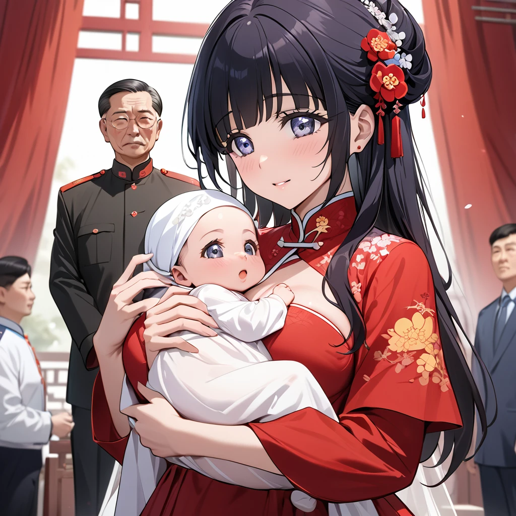 ((Highest quality)), ((masterpiece)), (detailed), （Perfect Face）、The woman is Aoki Reika, with medium-long hair, wearing a red Chinese wedding dress and an engagement ring.、The woman marries a middle-aged man who is a member of the Chinese Communist Party, becomes his wife, and becomes Chinese.、The woman is holding a baby