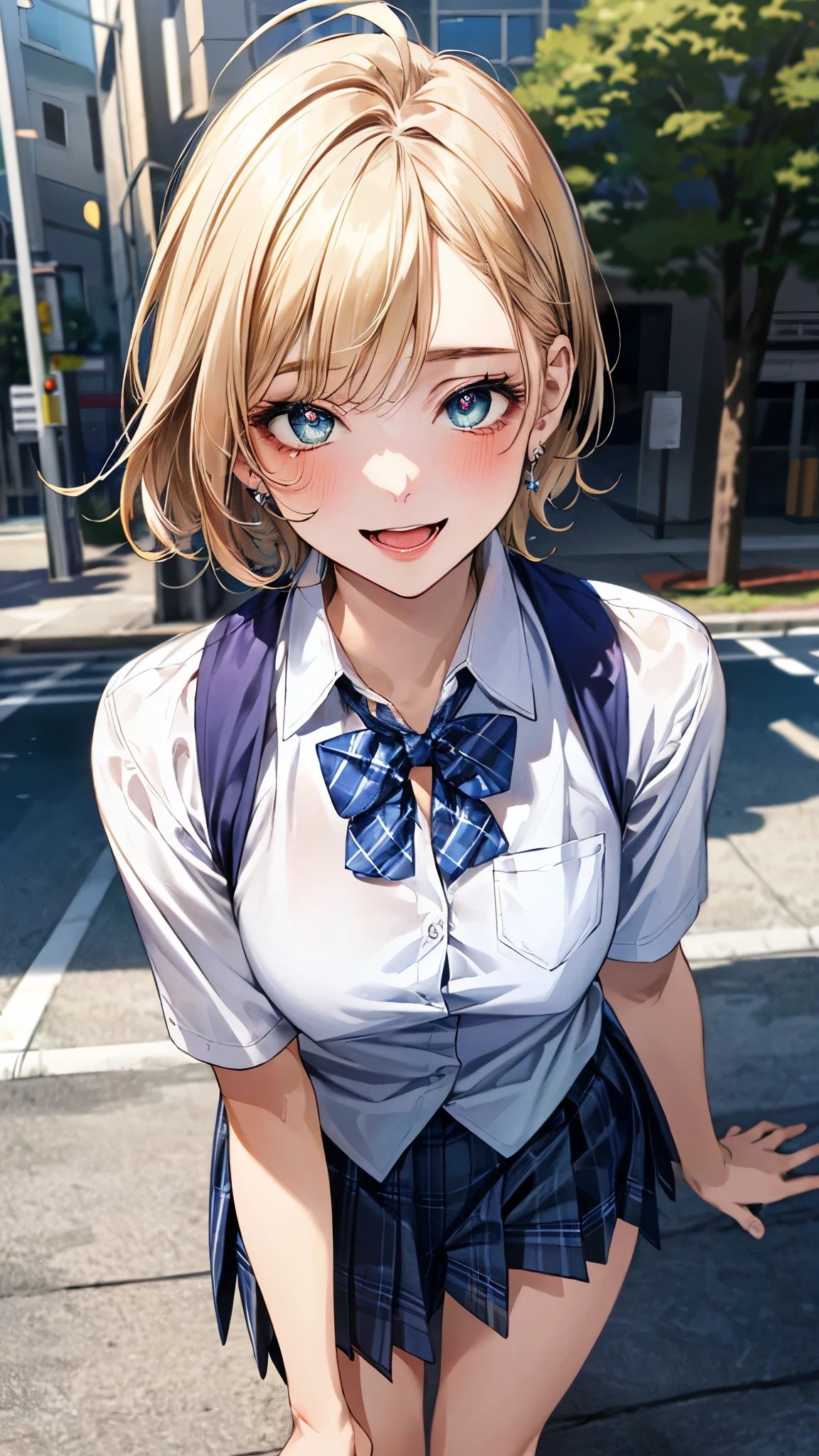 (masterpiece:1.3, top-quality, ultra high res, ultra detailed), (realistic, photorealistic:1.4), beautiful illustration, perfect lighting, natural lighting, colorful, depth of fields, surrealism, 
beautiful detailed hair, beautiful detailed face, beautiful detailed eyes, beautiful clavicle, beautiful body, beautiful chest, beautiful thigh, beautiful legs, beautiful fingers, shiny skin, babyface, 
looking at viewer, selfie, 1 girl, high school girl, (perfect anatomy, anatomically correct, super detailed skin), cute and symmetrical face, perfect face, perfect eyes, 
(short hair, lob hair, blonde hair), asymmetrical bangs, ahoge, blue-green eyes, big eyes, long eyelashes, (large breasts:1.2, seductive thighs), slender, outstanding style, 
((detailed cloth texture, break,break, white collared shirt, break,break, navy blue suit vest, break,break, blue plaid pleated skirt, break,break, purple blue bow tie), socks, black loafer), 
(beautiful scenery), evening, (downtown), (standing, leaning forward,), (heart shaped pupils, :3, aroused, ahegao, orgasm, in heat, naughty face, seductive smile, open mouth small),