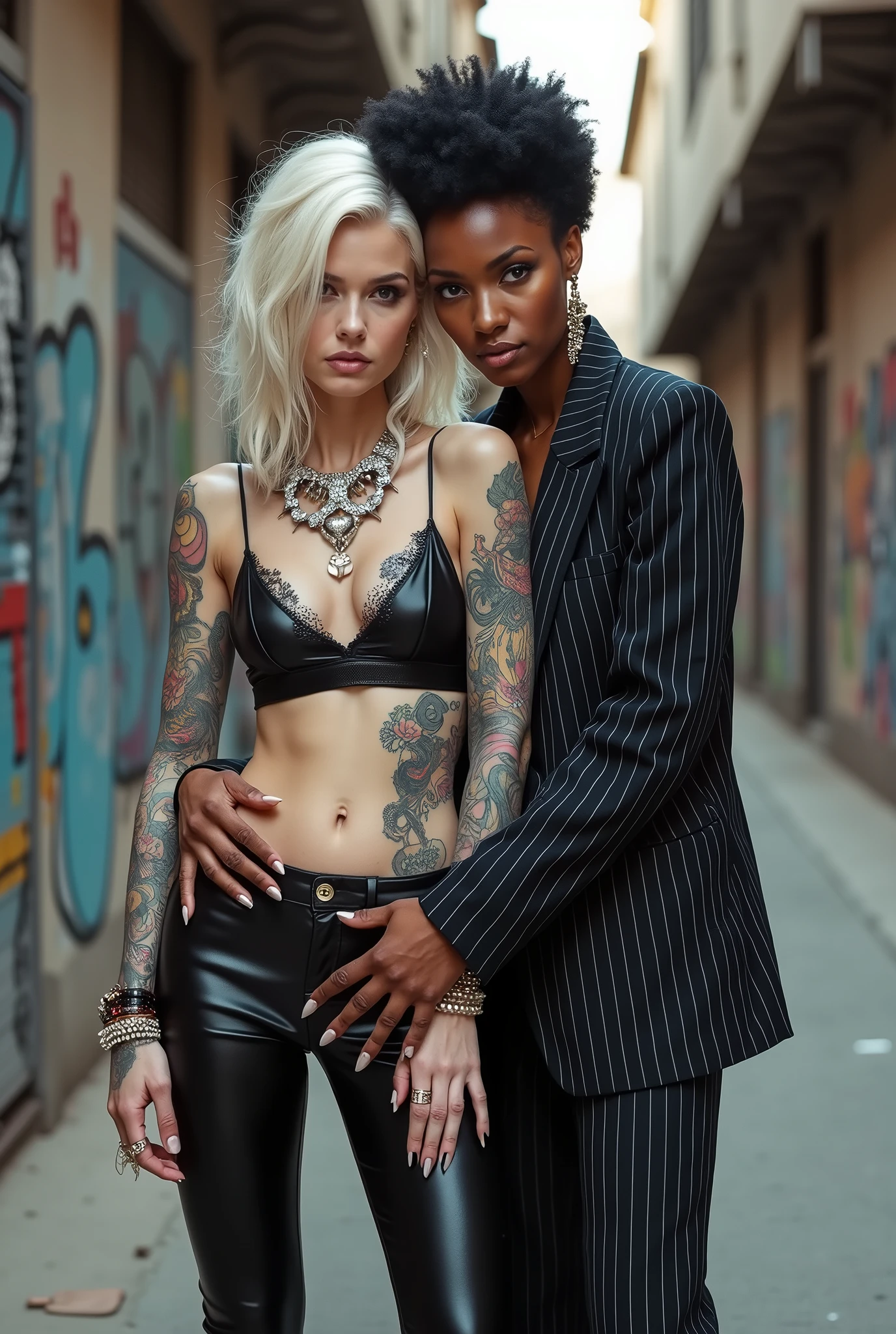 Two russian old milf women: the dominant aggressive dark skinned black woman in business pinstripe suit (jacket and trousers), black heeled shoeslong nails and afro hair, standing up with separated legs and possessive stance showing off her new white girlfriend to the camera (arm around her girlfriends' neck squishing her back tightly, and grabbing tightly the white woman arm with her other hand, like a predator on her prey). Next to her, her white rich drunk girlfriend looks at the camera (white woman is very pale: pale face, pale neck, pale chest, pale arms, pale hands, pale stomach, pale leg), white woman stretches her neck is feeling overwhelmed by her girlfriend. white woman leans on her girlfriend heavily, feeling needy. white woman is being seduced. White woman stands up with separated legs, White woman"s body is twisted and unstable, the hands of white woman are on her belt. White woman dresses in rock chic style: low rise skinny leggings, platinum blonde hair (straight hair with middle part, wide colourful bandana as headband) and oversized square sunglasses as headband. Big lips with no makeup. White woman wears Black studded leather push up bra and has big breasts. Barefoot.. Lots of thick wide studded bracelets in the wrists of the white woman, big pearl necklaces around the neck of the white woman, and big rings, Pearl earrings. Wide loose studded belt with big solid buckle. Loose chains and studded belts around the hips of the white woman. White woman is lazy, leaning on her girlfriend.. The white woman is densely tattooed on neck, tattoed chest, tattoed arms, tattoed stomach, tattoed legs, wrists and feet. White woman has well Toned abdominals, thin neck, slim legs and thin arms. White woman has Narrow hips and noticeable tigh gap. The body of the white woman is twisted in a lazy posture. Full body. On a narrow street with graffitied walls