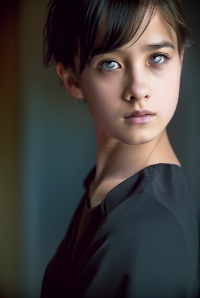a young girl with short curly hair, anxious expression, full body, looking back, dark atmosphere, cinematic lighting, realistic, detailed face, beautiful eyes, sharp focus, 8k, hyper detailed, photorealistic, dramatic, moody, chiaroscuro lighting, cinematic composition