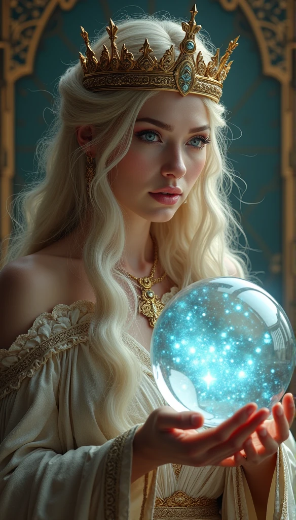 Nordic Goddess,I&#39;m looking forward to seeing her up close with the crown on., Magic crystal ball in hand, Casting a Spell, Highest quality, 4K resolution, Perfect Face, In a luxurious palace, Hyperrealistic art)